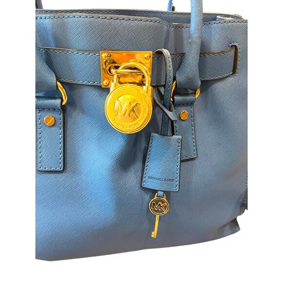 MICHAEL KORS HAMILTON SATCHEL SAFFIANO LEATHER E/W East West Blue Purse Bag - Picture 5 of 14